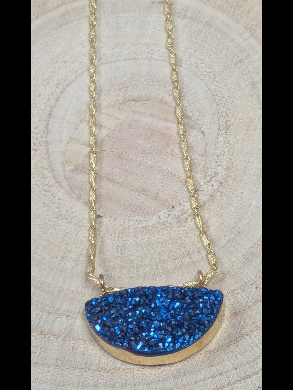 Natural Blue Druzy Agate Necklace Gold Crescent Pendant 18K Gold Plated